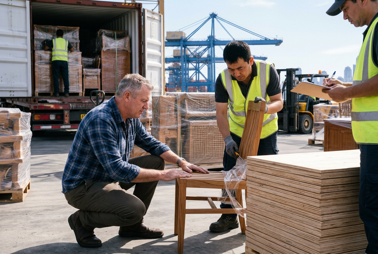 Illustrative import scene: Wood furniture unloaded from a container at an Australian port