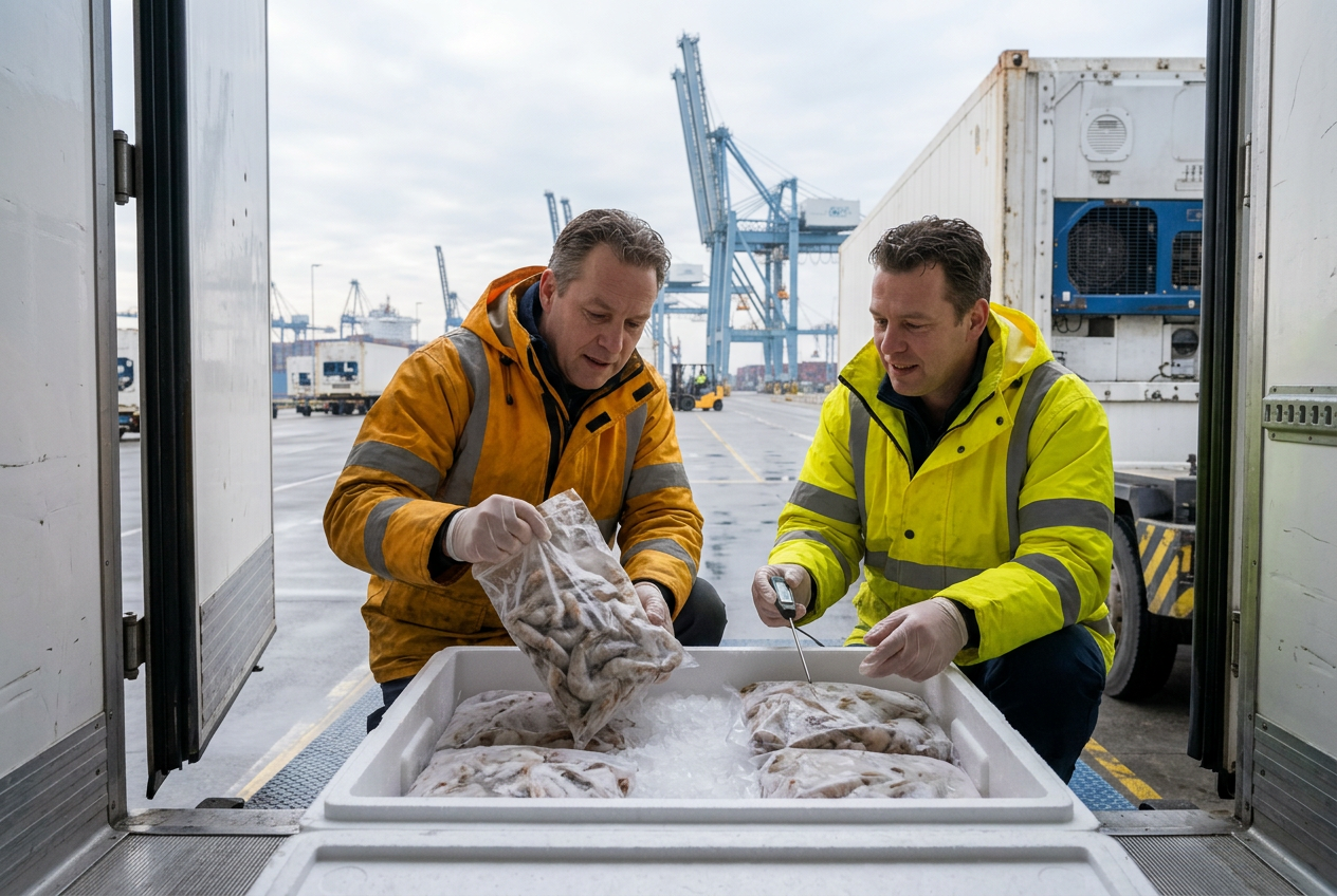 Illustrative import scene: Refrigerated seafood cargo moving through a Dutch port
