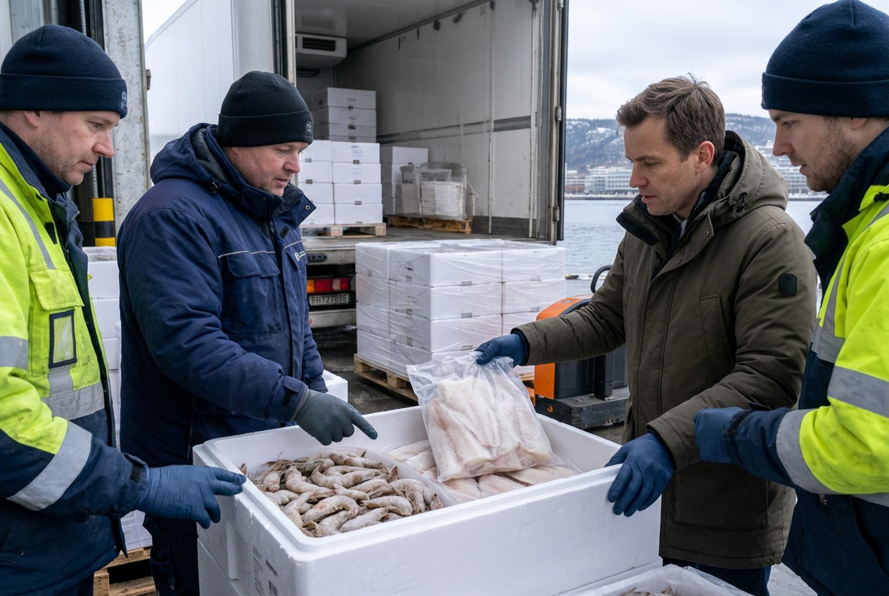 Illustrative import scene: Frozen seafood received by a Norwegian cold-chain warehouse