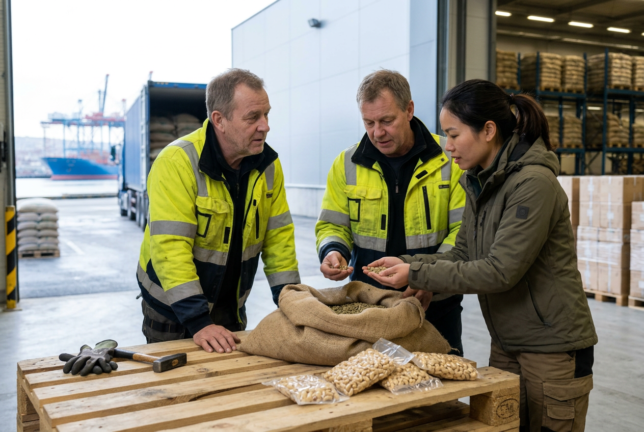 Illustrative import scene: Coffee and cashews arriving at a Nordic warehouse